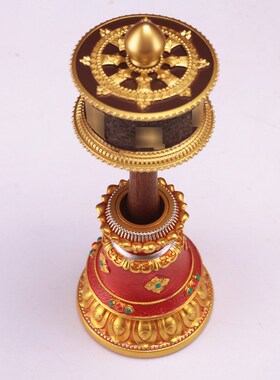 格桑花彩绘迷你手摇转金轮底座彩绘树脂转经简座子锡杖家用莲花