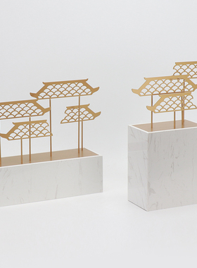 现代简约新中式大理石铁艺屋檐摆件样板房间客厅书房电视柜装饰品