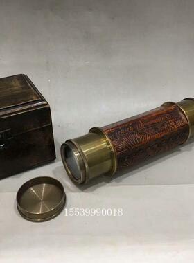 古玩杂项收藏品纯铜尼泊尔回流皮套大六角单筒望远镜摆件带木盒