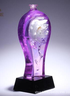 紫色牡丹花粉烧淄博琉璃艺术品瓶子摆件高档中国风新房子乔迁礼物