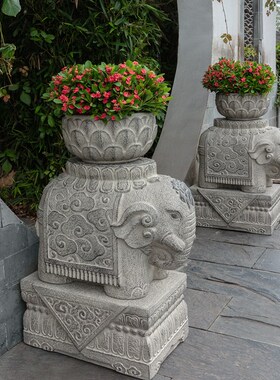 别墅大门口大象石墩子底座摆件户外花园花盆仿石墩庭院造景布置