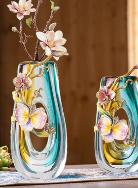 高档珐琅彩工艺品现代轻奢艺术琉璃花瓶精致家居书房艺术插花摆件
