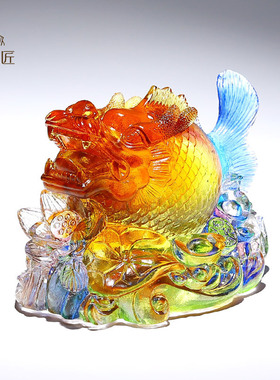 非遗琉璃浪花钱币元宝翱翔成龙鳌鱼工艺品摆件招财客厅家居装饰品