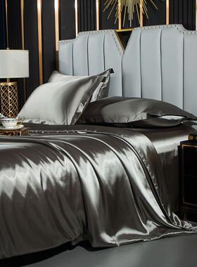 夏季水洗床单四件套床上用品纯色双面冰丝被套裸睡床笠三件套起起