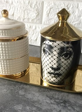 出口金色烛台收纳摆件棉签罐储物罐糖果盒收纳罐家居装饰潮品摆件