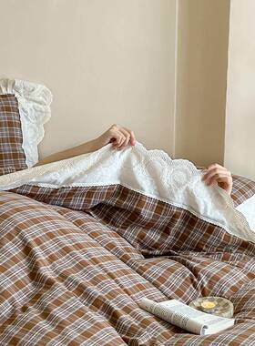 轻奢高档A类双层纱四件套全棉复古色织提花柔软防敏裸睡被套床单