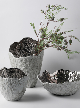 现代简约新中式荷叶边花盆花器摆件样板间售楼部客厅玄关花瓶装饰