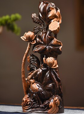 实木一鹭莲升根雕摆件整料雕刻实木荷花动物摆件家W居装饰乔迁礼