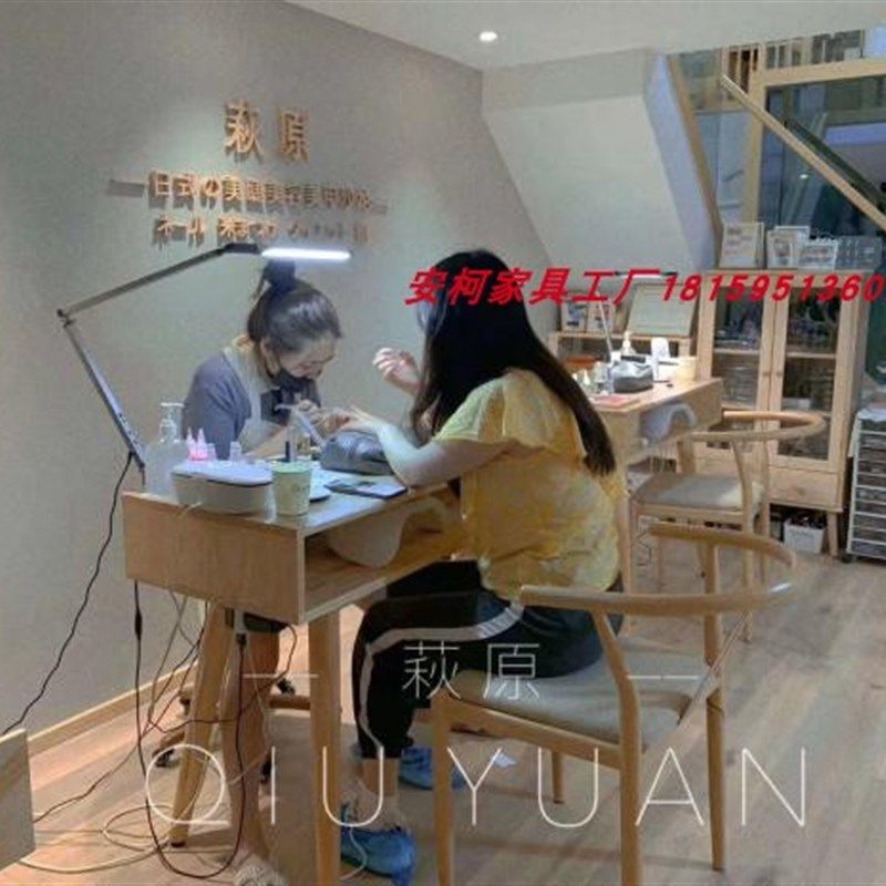 日式简约实木单双人美甲桌美甲台经济型简易美甲桌子椅子 - 图2