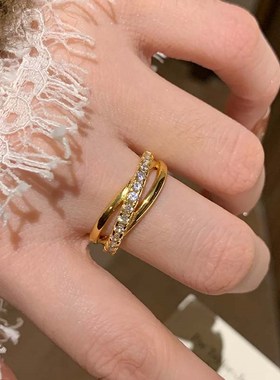 三圈叠戴素圈戒j指女轻奢高级感锆石戒指女学生党开口尾戒女食指