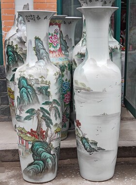 景德镇陶瓷器落地大花瓶手绘粉彩源远流长山水瓷瓶客厅装饰品摆件