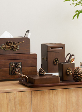 新中式摆件客厅玄关电视柜软装酒店高级感木首饰盒糖果盒家居饰品