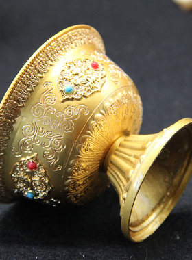 怀旧纯铜水碗八吉祥八供水杯佛前供碗净水杯七彩石家用贡水碗