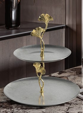 现代轻奢双层银杏收纳盘不锈钢做旧D托盘发财树抽象划船兔桌面摆