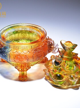 琉璃龙聚宝盆摆件家居饰品元宝工艺品客厅办公室桌面开业礼品
