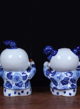 景德镇陶瓷工艺品结婚礼物中式家居摆件 可爱青花瓷陶瓷娃娃摆件