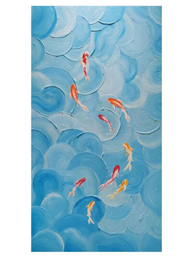 贵锦鲤玄关入户装饰画手绘油画富九鱼图立体肌理画蓝色大海挂画