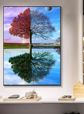 卓宇挂画单幅抽象湖面四季大树酒店家居轻奢沙发背景墙装饰画油画