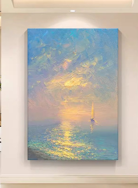 高级感海上日出装饰画仿油画风景唯美帆船梦幻玄关卧室客厅摆挂画