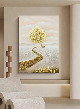 《福禄双全》手绘油画竖版客厅轻奢装饰画玄关过道肌理挂画