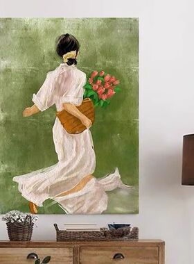 中古风轻奢客厅装饰画花季少女人物唯美个性玄关过道绿色复古挂画