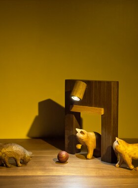 冰冷森林 原木作手木雕朦胧猫睡头氛围床眠小夜灯装饰猫店摆件