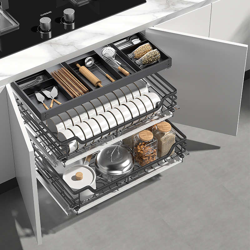 意铂尼厨房橱柜拉篮不锈钢三层抽屉E式碗篮内置调味料碗架收纳碗 - 图0