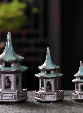陶瓷六角亭凉亭微景观小宝塔摆件造景园艺盆景鱼缸假山流水器配件