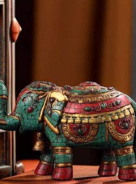 尼泊尔工艺老纯铜纯手工打造彩绘镶嵌宝石描金大象太平象吉象摆件