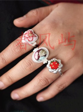 春风屿民族风手工刺绣老绣戒指简B约百搭银白色苗银镀银开口指环1