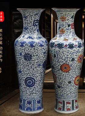 陶瓷工艺品摆件仿古手绘青花裂纹落地陶瓷大花瓶 古典装饰摆设