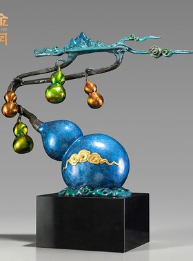 铜艺坊蟠龙送福黄铜葫芦铜器摆件客厅玄关展示柜装饰乔迁开业送礼