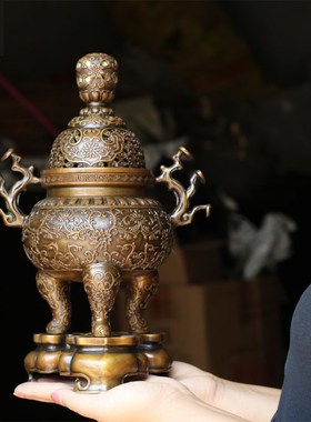 纯铜仿古铜香炉带底座香薰炉新中式家居摆件玄关装饰品