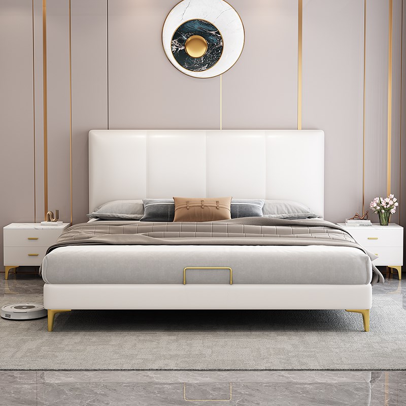 轻奢真皮床现代简约主卧大床1.8米软靠背高箱储物实木皮床双人床 - 图0