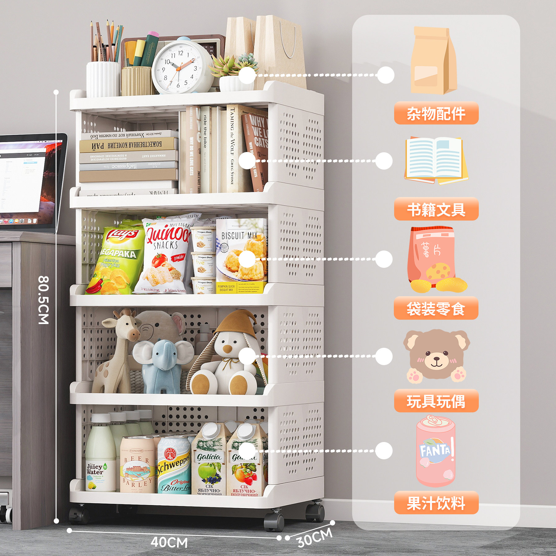 可移动小推车置物架家用客厅零食收纳架卧室床头柜储物架多层架子,淘宝优惠券,粉丝福利购,淘宝优惠卷