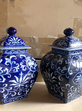青花瓷罐子带盖家居客厅中式仿古花瓶插花玄关装饰陶瓷摆件储物罐