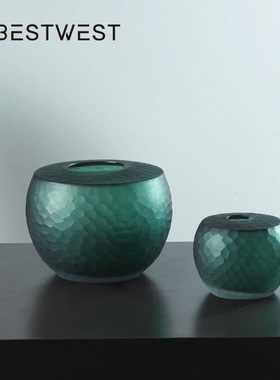 Best west 中古风高档扁平鱼鳞纹玻璃花瓶花器 家居绿色中式摆件