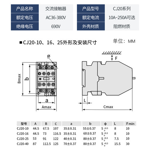 交流接触器CJ20-j10A 36v 110v 220V/380V三相 银触点二常开二常 - 图0
