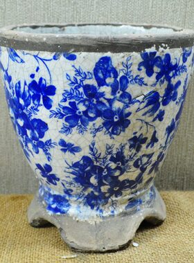粗陶花器陶瓷花盆蓝色复古风兰花青花瓷多肉植物中式简约装饰摆件