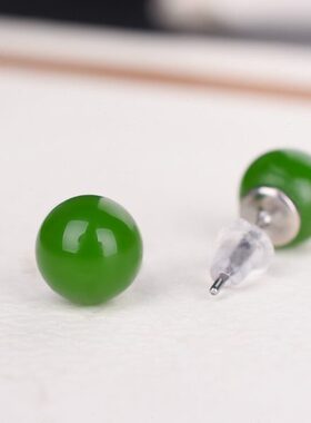 和田白玉耳钉长款玉石女士款碧玉耳坠925银镀金简单圆珠镶嵌耳线