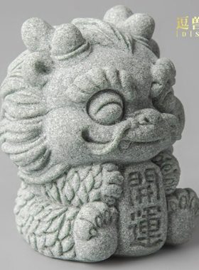 逗兽记开运兽鱼缸假山造景新中式家居创意青砂石桌面装饰茶宠摆件