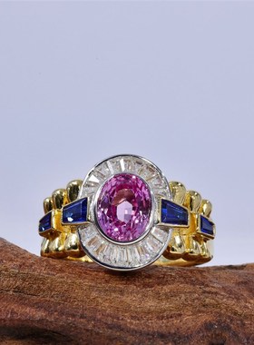 1.6ct培育粉蓝宝石轻奢时尚法式戒指女戒T方钻S925银镀金工厂定制