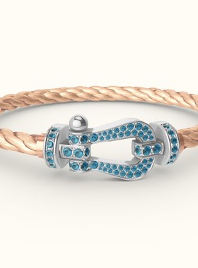 费雷德蓝托帕石马蹄扣手链男女玫瑰金本命年情侣款镶钻钢丝绳手链