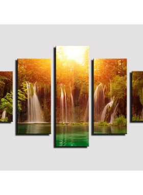 现代简约五联绿树瀑布风景 喷绘画 创意沙发背景墙装饰画挂画油画