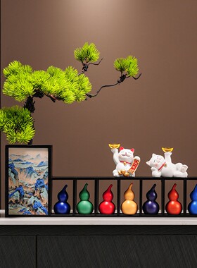 五福临门葫芦迎客松招财猫插花摆件客厅入户玄关电视柜乔迁礼物