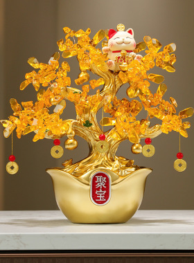 新中式招财猫聚宝盆摆件玄关客厅电视柜办公室店铺水晶发财树装饰