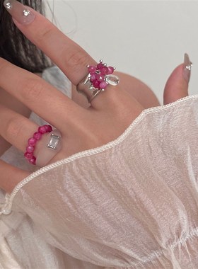 法式手工石榴石串珠双层高级感戒指 小众设计甜酷多巴胺甜酷指环