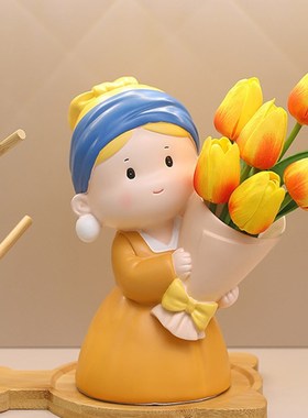 珍珠女孩捧花玄关收纳摆件创意公仔可爱I家居装饰桌面摆件乔迁礼