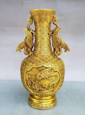 凤铜福鱼对联花瓶龙纯瓶摆件金字花瓶办公室电视柜高档装饰工艺品