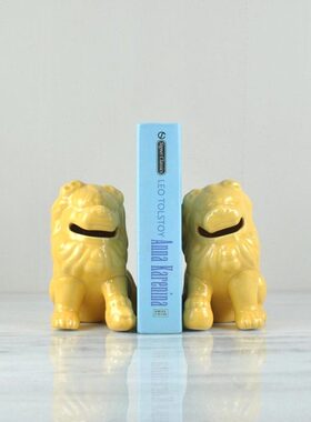 现代新中式陶瓷黄色狮子摆件样板间客厅中式家居书房书靠软装饰品